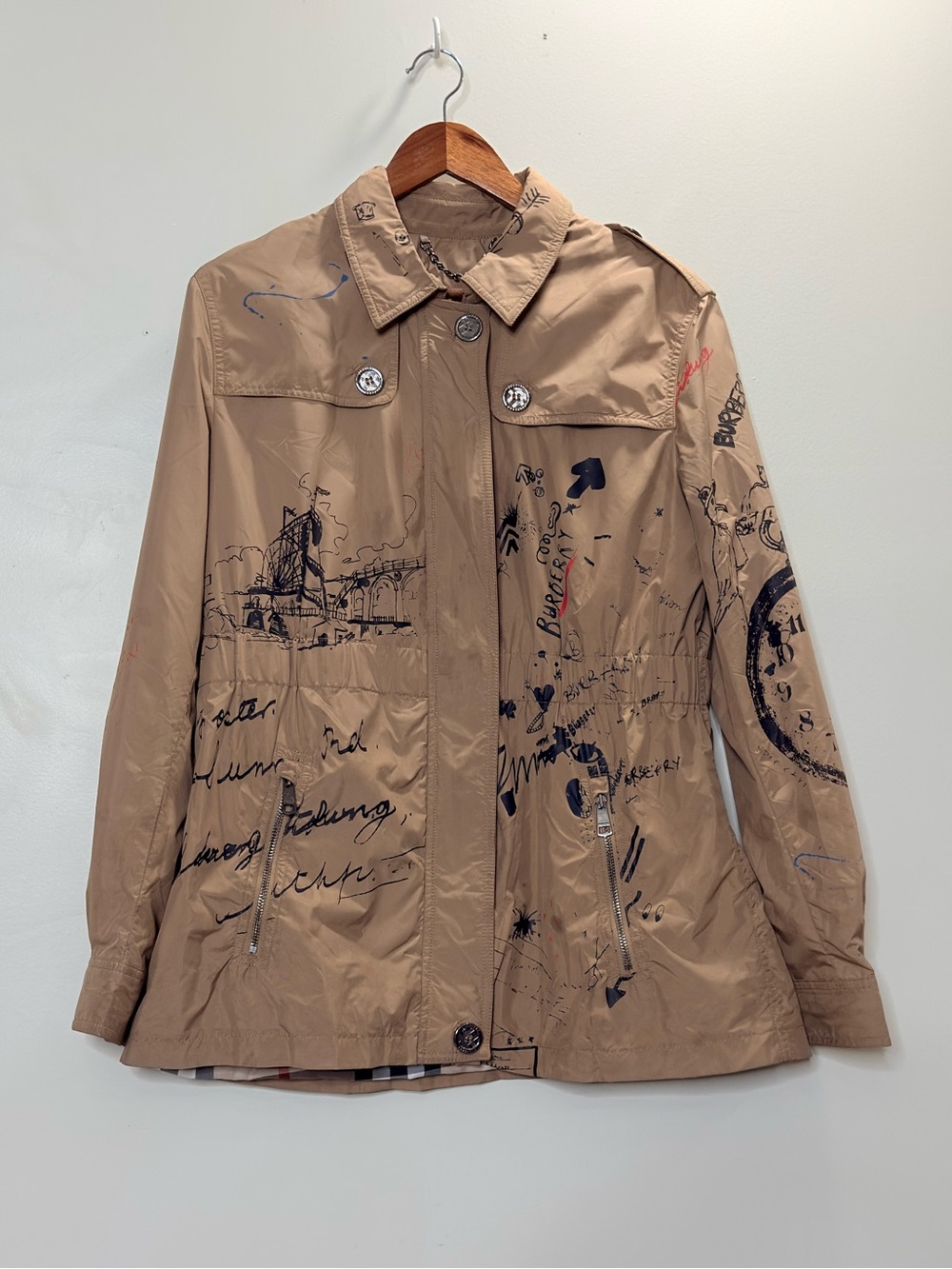 Burberry Tan Trench Coat with Navy & Black Sketch Print
